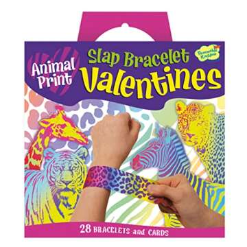 Peaceable Kingdom Valentines Cards for Kids Classroom, Set of 28 Valentines Day Gifts - Animal Print Slap Bracelets