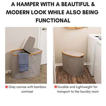 BIRDROCK HOME Bamboo & Canvas Hamper - Laundry Basket Organizer - Lightweight Foldable Clothing Bin ...