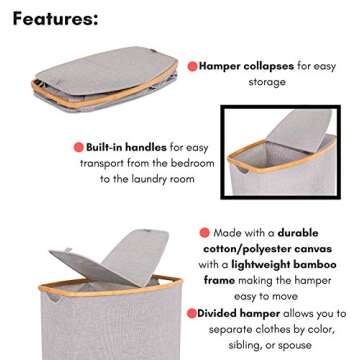 BIRDROCK HOME Bamboo & Canvas Hamper - Laundry Basket Organizer - Lightweight Foldable Clothing Bin with Lid - Modern Covered Laundry Hamper for Clothes, Bedroom, Bathroom, & Dorm - Grey, Double Lid