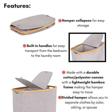 BIRDROCK HOME Bamboo & Canvas Hamper - Laundry Basket Organizer - Lightweight Foldable Clothing Bin with Lid - Modern Covered Laundry Hamper for Clothes, Bedroom, Bathroom, & Dorm - Grey, Double Lid