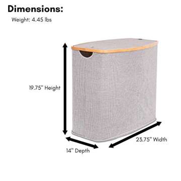 BIRDROCK HOME Bamboo & Canvas Hamper - Laundry Basket Organizer - Lightweight Foldable Clothing Bin with Lid - Modern Covered Laundry Hamper for Clothes, Bedroom, Bathroom, & Dorm - Grey, Double Lid