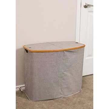 BIRDROCK HOME Bamboo & Canvas Hamper - Laundry Basket Organizer - Lightweight Foldable Clothing Bin with Lid - Modern Covered Laundry Hamper for Clothes, Bedroom, Bathroom, & Dorm - Grey, Double Lid