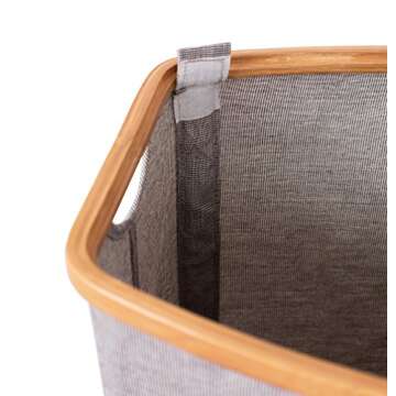 BIRDROCK HOME Bamboo & Canvas Hamper - Laundry Basket Organizer - Lightweight Foldable Clothing Bin with Lid - Modern Covered Laundry Hamper for Clothes, Bedroom, Bathroom, & Dorm - Grey, Double Lid