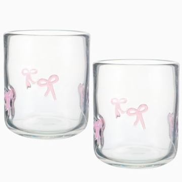 Skylety 2 Pack Bow Icon Juice Glass Coquette Bow Aesthetic Cup 14 ounce Double Old Fashioned Icon Ha...