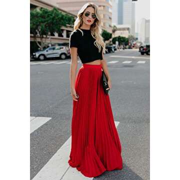 ebossy Women's High Waist Flowy Pleated Chiffon Maxi Skirt (Medium, Red)