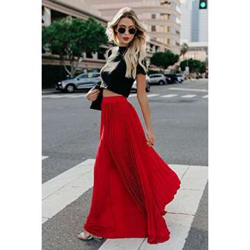 ebossy Women's High Waist Flowy Pleated Chiffon Maxi Skirt (Medium, Red)