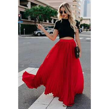 ebossy Women's High Waist Flowy Pleated Chiffon Maxi Skirt (Medium, Red)