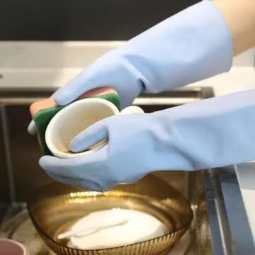 COOLJOB 2 Pairs Thickened Rubber Gloves with Cotton Lining & Non-slip Grip, Colorful Household Long Lasting Dishwashing Gloves for Kitchen & Bathroom Cleaning, Orange & Blue, Medium