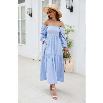 ABYOVRT Women Floral Embroidered Maxi Dress Long Puff Sleeve Square Neck Bohemian Flowy Dress with Pockets Smocked Fall Dress (Light Blue,L)