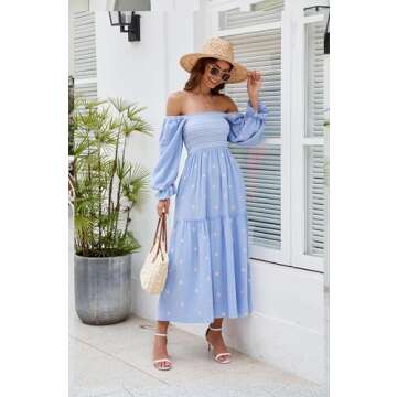 ABYOVRT Women Floral Embroidered Maxi Dress Long Puff Sleeve Square Neck Bohemian Flowy Dress with Pockets Smocked Fall Dress (Light Blue,L)