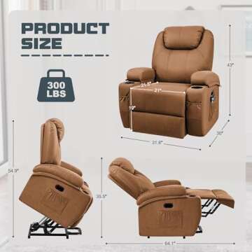 JUMMICO Power Lift Recliner Chair with Massage for Elderly Faux Leather Modern Reclining Sofa Chair with Cup Holders, Remote Control, Adjustable Furniture (Light Brown)