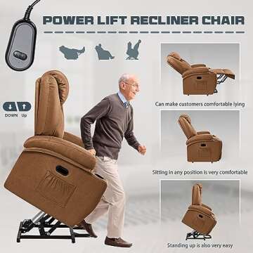 JUMMICO Power Lift Recliner Chair with Massage for Elderly Faux Leather Modern Reclining Sofa Chair with Cup Holders, Remote Control, Adjustable Furniture (Light Brown)