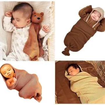 Newborn Essentials Baby Swaddle Blanket Set, 1 Piece Set (1 Pacifier Holder, 1 Cocoon Swaddle Sleep Sack, 1 Teddy Bear), 0-8 Months Baby - Soil