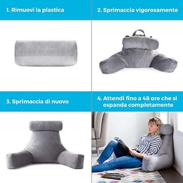LINENSPA Reading Pillow with Shredded Memory Foam- Back Pillow for Sitting in Bed, Reading, Gaming, Watching TV – Chair Pillow with Arms, Dorm Room Essentials, Stone
