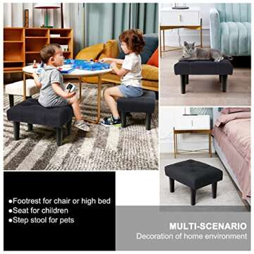 HOUCHICS Small Footstool Ottoman,Velvet Soft Footrest Ottoman with Wood Legs,Sofa Footrest Extra Seating for Living Room Entryway Office(Black 1PACK)