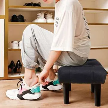 HOUCHICS Small Footstool Ottoman,Velvet Soft Footrest Ottoman with Wood Legs,Sofa Footrest Extra Seating for Living Room Entryway Office(Black 1PACK)