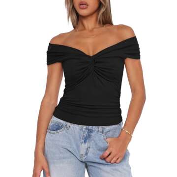 Darong Women Summer Twist Knot Front Off The Shoulder Tank Tops Cap Sleeve Going Out Shirts Slim Fitted Y2K Summer Outfits 9058 Black S