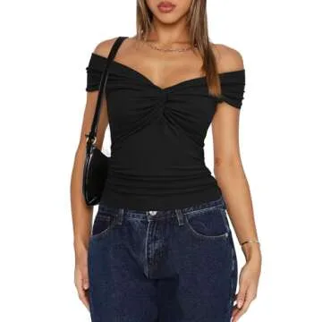 Darong Women Summer Twist Knot Front Off The Shoulder Tank Tops Cap Sleeve Going Out Shirts Slim Fitted Y2K Summer Outfits 9058 Black S