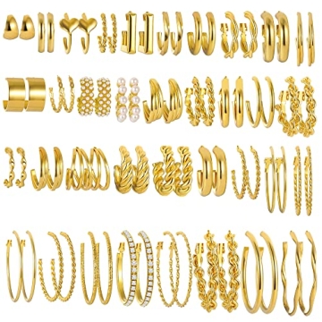 36 Pairs Gold Hoop Earrings Set for Women Multipack, Hypoallergenic Chunky Chain Twisted Hoop Earrin...