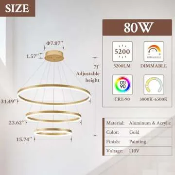 Sparklelf 3-Rings Modern LED Chandelier Gold, Dimmable Pendant Lighting with Remote Control Circular Flush Mount High Ceiling Light for Living Room Dining Room Foyer, 3000K-6500K D31.5’’
