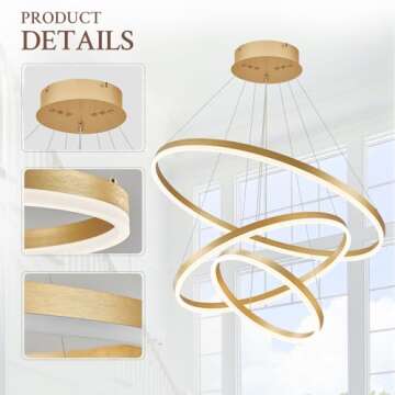 Sparklelf 3-Rings Modern LED Chandelier Gold, Dimmable Pendant Lighting with Remote Control Circular Flush Mount High Ceiling Light for Living Room Dining Room Foyer, 3000K-6500K D31.5’’