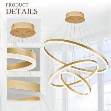 Sparklelf 3-Rings Modern LED Chandelier Gold, Dimmable Pendant Lighting with Remote Control Circular Flush Mount High Ceiling Light for Living Room Dining Room Foyer, 3000K-6500K D31.5’’