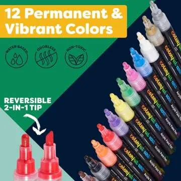 Colorful Art Co. Acrylic Paint Pens – Permanent, Waterproof Pen 12 Pack w/Reversible 3-5mm Brush T...