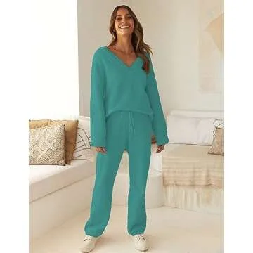 MEROKEETY Women's 2 Piece Outfits Fuzzy Fleece Pajama Set Long Sleeve Top Wide Leg Pants Loungewear,Lakeblue,S