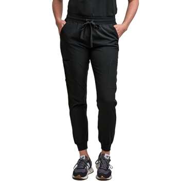 Green Town Scrubs for Women Scrub Set - Jogger Pant and Tuck-in V-Neck Top, 5 Pockets, Yoga Waistband, Nursing Uniform-Black-Small