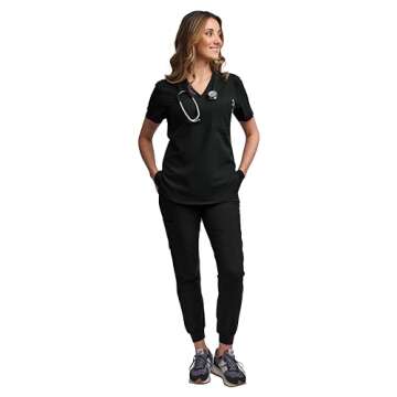 Green Town Scrubs for Women Scrub Set - Jogger Pant and Tuck-in V-Neck Top, 5 Pockets, Yoga Waistband, Nursing Uniform-Black-Small