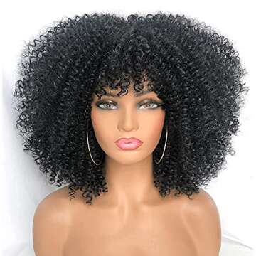 RunM Short Curly Afro Wig With Bangs for Black Women Kinky Curly Hair Wig Afro Synthetic Full Wigs?...