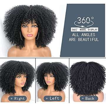 RunM Short Curly Afro Wig With Bangs for Black Women Kinky Curly Hair Wig Afro Synthetic Full Wigs（Black）