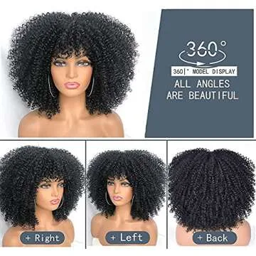 RunM Short Curly Afro Wig With Bangs for Black Women Kinky Curly Hair Wig Afro Synthetic Full Wigs（Black）