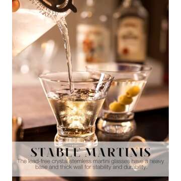 LUNA & MANTHA Martini Glasses Set of 6, Stemless Martini Cocktail Glasses for Margarita, Manhattan, ...