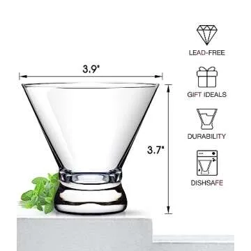 LUNA & MANTHA Martini Glasses Set of 6, Stemless Martini Cocktail Glasses for Margarita, Manhattan, Cosmopolitan, Home Bar, Evening Parties, Birthdays, Housewarming Gift, Crystal Clear 8 OZ