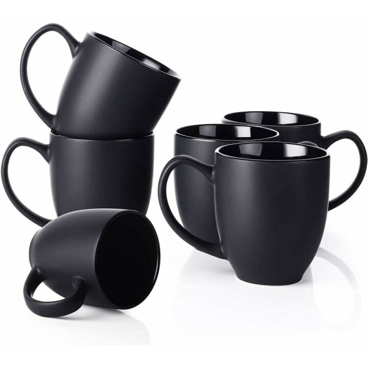 DOWAN Set of 6 Black Ceramic Coffee Mugs 16 oz