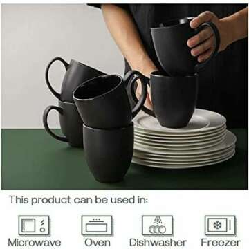 DOWAN Set of 6 Black Ceramic Coffee Mugs 16 oz
