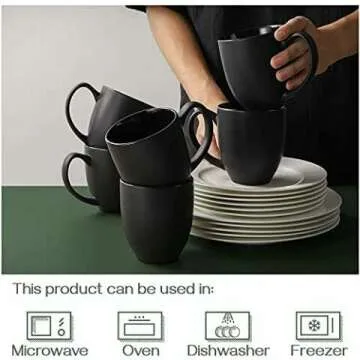 DOWAN Set of 6 Black Ceramic Coffee Mugs 16 oz
