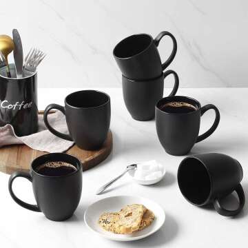 DOWAN Set of 6 Black Ceramic Coffee Mugs 16 oz