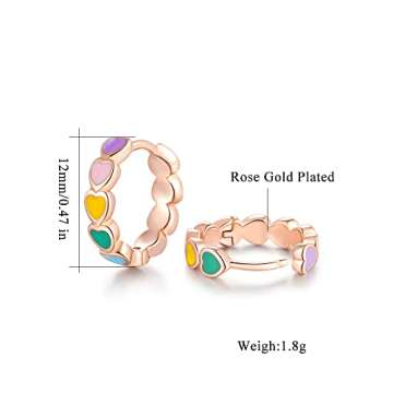 CiNily 14K Rose Gold Plated Pink Small Hoop Earrings for Women Heart Rainbow Enamel Huggie Earrings Hypoallergenic Jewelry for Sensitive Ears