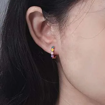 CiNily 14K Rose Gold Plated Pink Small Hoop Earrings for Women Heart Rainbow Enamel Huggie Earrings Hypoallergenic Jewelry for Sensitive Ears