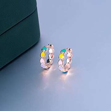 CiNily 14K Rose Gold Plated Pink Small Hoop Earrings for Women Heart Rainbow Enamel Huggie Earrings Hypoallergenic Jewelry for Sensitive Ears