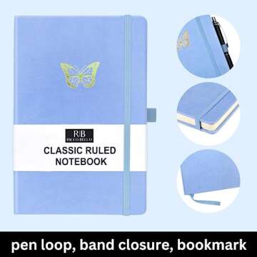 RICCO BELLO Classic College Ruled Notebook | Faux Leather Hardcover Lined Writing Journal for Work, Home, School | 192 Lined Pages, 5.7 x 8.4-Inches (Butterfly)