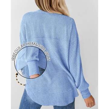 KIRUNDO Womens Tops Casual Ribbed Knit Long Sleeve Henley Shirts Button V Neck Curved Split Hem Loos...