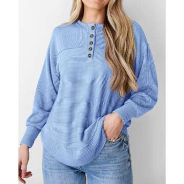 KIRUNDO Womens Tops Casual Ribbed Knit Long Sleeve Henley Shirts Button V Neck Curved Split Hem Loose Work Blouse Tunics(Light Blue, X-Large)