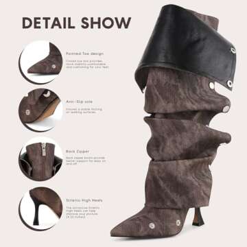 VOMIRA Women's Knee High Boots Stiletto Boots Pointed Toe High Heels Wide Calf Ruched Slouchy Boots Detachable Snap-off Panel Mid Calf Boots Denim Boots