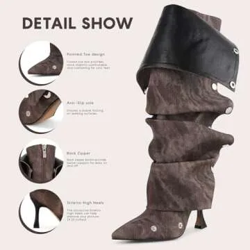 VOMIRA Women's Knee High Boots Stiletto Boots Pointed Toe High Heels Wide Calf Ruched Slouchy Boots Detachable Snap-off Panel Mid Calf Boots Denim Boots