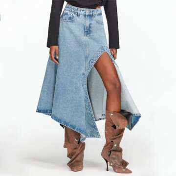 VOMIRA Women's Knee High Boots Stiletto Boots Pointed Toe High Heels Wide Calf Ruched Slouchy Boots Detachable Snap-off Panel Mid Calf Boots Denim Boots