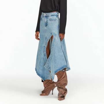 VOMIRA Women's Knee High Boots Stiletto Boots Pointed Toe High Heels Wide Calf Ruched Slouchy Boots Detachable Snap-off Panel Mid Calf Boots Denim Boots