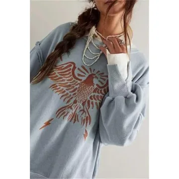 Asadovce Women Oversized Graphic Sweatshirt Y2k Long Sleeve Vintage Crewneck Shirt Top Drop Shoulder Sweater Pullover Phoenix Blue